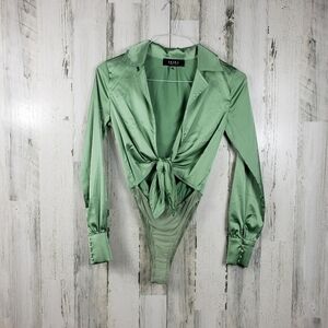 Akira green deep vneck long sleeve front tie bodysuit women's size small